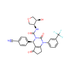 N#Cc1ccc([C@@H]2C3=C(CCC3=O)N(c3cccc(C(F)(F)F)c3)C(=O)N2C(=O)N[C@H]2COC[C@H]2O)cc1 ZINC001772573343