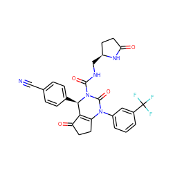 N#Cc1ccc([C@@H]2C3=C(CCC3=O)N(c3cccc(C(F)(F)F)c3)C(=O)N2C(=O)NC[C@H]2CCC(=O)N2)cc1 ZINC001772571651