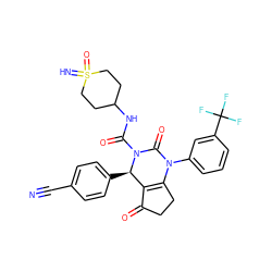 N#Cc1ccc([C@@H]2C3=C(CCC3=O)N(c3cccc(C(F)(F)F)c3)C(=O)N2C(=O)NC2CCS(=N)(=O)CC2)cc1 ZINC000224579560