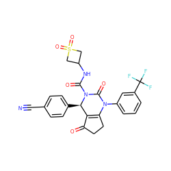 N#Cc1ccc([C@@H]2C3=C(CCC3=O)N(c3cccc(C(F)(F)F)c3)C(=O)N2C(=O)NC2CS(=O)(=O)C2)cc1 ZINC000224566870