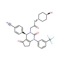 N#Cc1ccc([C@@H]2C3=C(CCC3=O)N(c3cccc(C(F)(F)F)c3)C(=O)N2CC(=O)N[C@H]2CC[C@H](O)CC2)cc1 ZINC001772657069