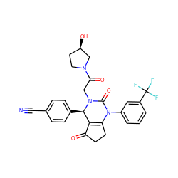 N#Cc1ccc([C@@H]2C3=C(CCC3=O)N(c3cccc(C(F)(F)F)c3)C(=O)N2CC(=O)N2CC[C@@H](O)C2)cc1 ZINC001772581463