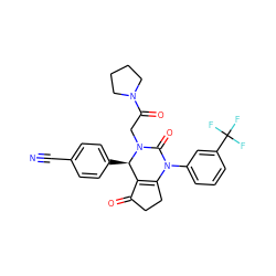 N#Cc1ccc([C@@H]2C3=C(CCC3=O)N(c3cccc(C(F)(F)F)c3)C(=O)N2CC(=O)N2CCCC2)cc1 ZINC001772628055