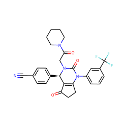 N#Cc1ccc([C@@H]2C3=C(CCC3=O)N(c3cccc(C(F)(F)F)c3)C(=O)N2CC(=O)N2CCCCC2)cc1 ZINC001772634923