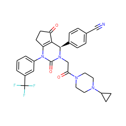 N#Cc1ccc([C@@H]2C3=C(CCC3=O)N(c3cccc(C(F)(F)F)c3)C(=O)N2CC(=O)N2CCN(C3CC3)CC2)cc1 ZINC001772643895