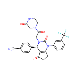 N#Cc1ccc([C@@H]2C3=C(CCC3=O)N(c3cccc(C(F)(F)F)c3)C(=O)N2CC(=O)N2CCNC(=O)C2)cc1 ZINC001772646517