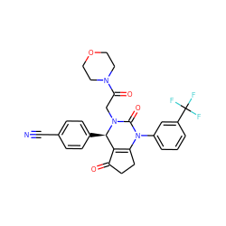 N#Cc1ccc([C@@H]2C3=C(CCC3=O)N(c3cccc(C(F)(F)F)c3)C(=O)N2CC(=O)N2CCOCC2)cc1 ZINC001772592571