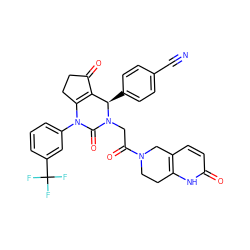 N#Cc1ccc([C@@H]2C3=C(CCC3=O)N(c3cccc(C(F)(F)F)c3)C(=O)N2CC(=O)N2CCc3[nH]c(=O)ccc3C2)cc1 ZINC001772593776