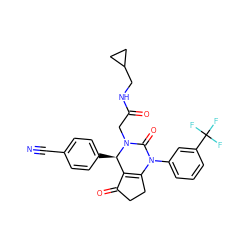 N#Cc1ccc([C@@H]2C3=C(CCC3=O)N(c3cccc(C(F)(F)F)c3)C(=O)N2CC(=O)NCC2CC2)cc1 ZINC001772651900