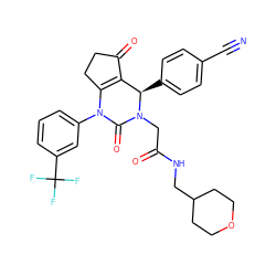 N#Cc1ccc([C@@H]2C3=C(CCC3=O)N(c3cccc(C(F)(F)F)c3)C(=O)N2CC(=O)NCC2CCOCC2)cc1 ZINC001772617960