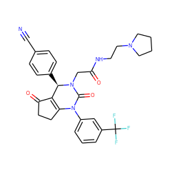 N#Cc1ccc([C@@H]2C3=C(CCC3=O)N(c3cccc(C(F)(F)F)c3)C(=O)N2CC(=O)NCCN2CCCC2)cc1 ZINC001772571725