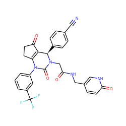 N#Cc1ccc([C@@H]2C3=C(CCC3=O)N(c3cccc(C(F)(F)F)c3)C(=O)N2CC(=O)NCc2ccc(=O)[nH]c2)cc1 ZINC001772583013