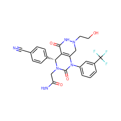 N#Cc1ccc([C@@H]2C3=C(CN(CCO)NC3=O)N(c3cccc(C(F)(F)F)c3)C(=O)N2CC(N)=O)cc1 ZINC000096176119