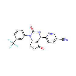 N#Cc1ccc([C@@H]2NC(=O)N(c3cccc(C(F)(F)F)c3)C3=C2C(=O)CC3)nc1 ZINC000224579102