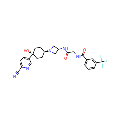 N#Cc1ccc([C@]2(O)CC[C@H](N3CC(NC(=O)CNC(=O)c4cccc(C(F)(F)F)c4)C3)CC2)cn1 ZINC000254133666