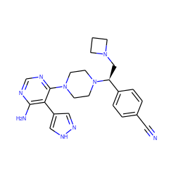 N#Cc1ccc([C@H](CN2CCC2)N2CCN(c3ncnc(N)c3-c3cn[nH]c3)CC2)cc1 ZINC001772608672