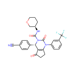 N#Cc1ccc([C@H]2C3=C(CCC3=O)N(c3cccc(C(F)(F)F)c3)C(=O)N2C(=O)N[C@@H]2CCCOC2)cc1 ZINC001772644756