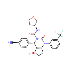 N#Cc1ccc([C@H]2C3=C(CCC3=O)N(c3cccc(C(F)(F)F)c3)C(=O)N2C(=O)N[C@@H]2CCOC2)cc1 ZINC001772641764