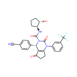 N#Cc1ccc([C@H]2C3=C(CCC3=O)N(c3cccc(C(F)(F)F)c3)C(=O)N2C(=O)N[C@H]2CCC[C@@H]2O)cc1 ZINC001772589992