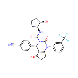 N#Cc1ccc([C@H]2C3=C(CCC3=O)N(c3cccc(C(F)(F)F)c3)C(=O)N2C(=O)N[C@H]2CCC[C@H]2O)cc1 ZINC001772584034