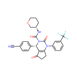 N#Cc1ccc([C@H]2C3=C(CCC3=O)N(c3cccc(C(F)(F)F)c3)C(=O)N2C(=O)N[C@H]2CCCOC2)cc1 ZINC001772589177