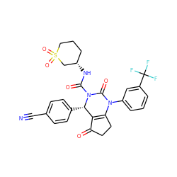 N#Cc1ccc([C@H]2C3=C(CCC3=O)N(c3cccc(C(F)(F)F)c3)C(=O)N2C(=O)N[C@H]2CCCS(=O)(=O)C2)cc1 ZINC001772596324