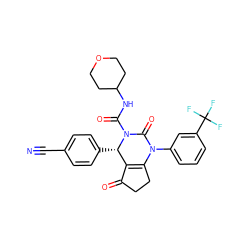 N#Cc1ccc([C@H]2C3=C(CCC3=O)N(c3cccc(C(F)(F)F)c3)C(=O)N2C(=O)NC2CCOCC2)cc1 ZINC001772643989