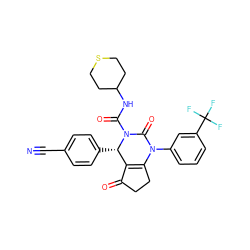 N#Cc1ccc([C@H]2C3=C(CCC3=O)N(c3cccc(C(F)(F)F)c3)C(=O)N2C(=O)NC2CCSCC2)cc1 ZINC000224595993