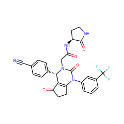 N#Cc1ccc([C@H]2C3=C(CCC3=O)N(c3cccc(C(F)(F)F)c3)C(=O)N2CC(=O)N[C@H]2CCNC2=O)cc1 ZINC001772610320