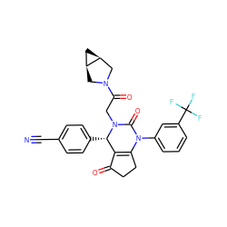 N#Cc1ccc([C@H]2C3=C(CCC3=O)N(c3cccc(C(F)(F)F)c3)C(=O)N2CC(=O)N2C[C@H]3C[C@H]3C2)cc1 ZINC001772631321