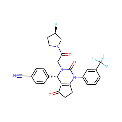 N#Cc1ccc([C@H]2C3=C(CCC3=O)N(c3cccc(C(F)(F)F)c3)C(=O)N2CC(=O)N2CC[C@@H](F)C2)cc1 ZINC001772615035