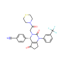 N#Cc1ccc([C@H]2C3=C(CCC3=O)N(c3cccc(C(F)(F)F)c3)C(=O)N2CC(=O)N2CCSCC2)cc1 ZINC000224597529