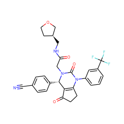 N#Cc1ccc([C@H]2C3=C(CCC3=O)N(c3cccc(C(F)(F)F)c3)C(=O)N2CC(=O)NC[C@H]2CCOC2)cc1 ZINC001772639847