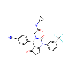 N#Cc1ccc([C@H]2C3=C(CCC3=O)N(c3cccc(C(F)(F)F)c3)C(=O)N2CC(=O)NC2CC2)cc1 ZINC001772647715