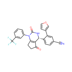 N#Cc1ccc([C@H]2NC(=O)N(c3cccc(C(F)(F)F)c3)C3=C2C(=O)CC3)c(-c2ccoc2)c1 ZINC001772613760