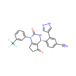 N#Cc1ccc([C@H]2NC(=O)N(c3cccc(C(F)(F)F)c3)C3=C2C(=O)CC3)c(-c2cn[nH]c2)c1 ZINC001772582813