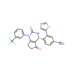 N#Cc1ccc([C@H]2NC(=O)N(c3cccc(C(F)(F)F)c3)C3=C2C(=O)CC3)c(-c2cnco2)c1 ZINC001772641542