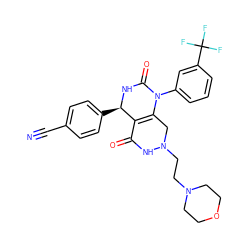 N#Cc1ccc([C@H]2NC(=O)N(c3cccc(C(F)(F)F)c3)C3=C2C(=O)NN(CCN2CCOCC2)C3)cc1 ZINC000096176116