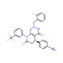 N#Cc1ccc([C@H]2NC(=O)N(c3cccc(C(F)(F)F)c3)C3=C2C(=O)NN(Cc2ccccc2F)C3)cc1 ZINC000096176115