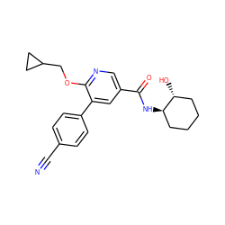 N#Cc1ccc(-c2cc(C(=O)N[C@@H]3CCCC[C@H]3O)cnc2OCC2CC2)cc1 ZINC000103247925