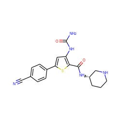 N#Cc1ccc(-c2cc(NC(N)=O)c(C(=O)N[C@H]3CCCNC3)s2)cc1 ZINC000034506214