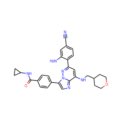 N#Cc1ccc(-c2cc(NCC3CCOCC3)c3ncc(-c4ccc(C(=O)NC5CC5)cc4)n3n2)c(N)c1 ZINC000299870566