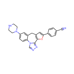 N#Cc1ccc(-c2cc3c(o2)-c2nncn2-c2ccc(N4CCNCC4)cc2C3)cc1 ZINC000073224226