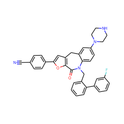 N#Cc1ccc(-c2cc3c(o2)C(=O)N(Cc2ccccc2-c2cccc(F)c2)c2ccc(N4CCNCC4)cc2C3)cc1 ZINC000096270551