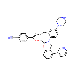 N#Cc1ccc(-c2cc3c(o2)C(=O)N(Cc2ccccc2-c2cccnc2)c2ccc(N4CCNCC4)cc2C3)cc1 ZINC000096270546