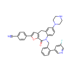 N#Cc1ccc(-c2cc3c(o2)C(=O)N(Cc2ccccc2-c2cncc(F)c2)c2ccc(N4CCNCC4)cc2C3)cc1 ZINC000096270550