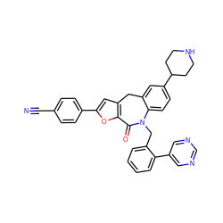 N#Cc1ccc(-c2cc3c(o2)C(=O)N(Cc2ccccc2-c2cncnc2)c2ccc(C4CCNCC4)cc2C3)cc1 ZINC000096270543