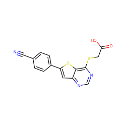 N#Cc1ccc(-c2cc3ncnc(SCC(=O)O)c3s2)cc1 ZINC000072124613