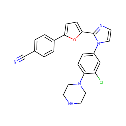 N#Cc1ccc(-c2ccc(-c3nccn3-c3ccc(N4CCNCC4)c(Cl)c3)o2)cc1 ZINC000299825766