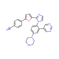 N#Cc1ccc(-c2ccc(-c3nccn3-c3ccc(N4CCNCC4)cc3-c3cncnc3)o2)cc1 ZINC000299826643